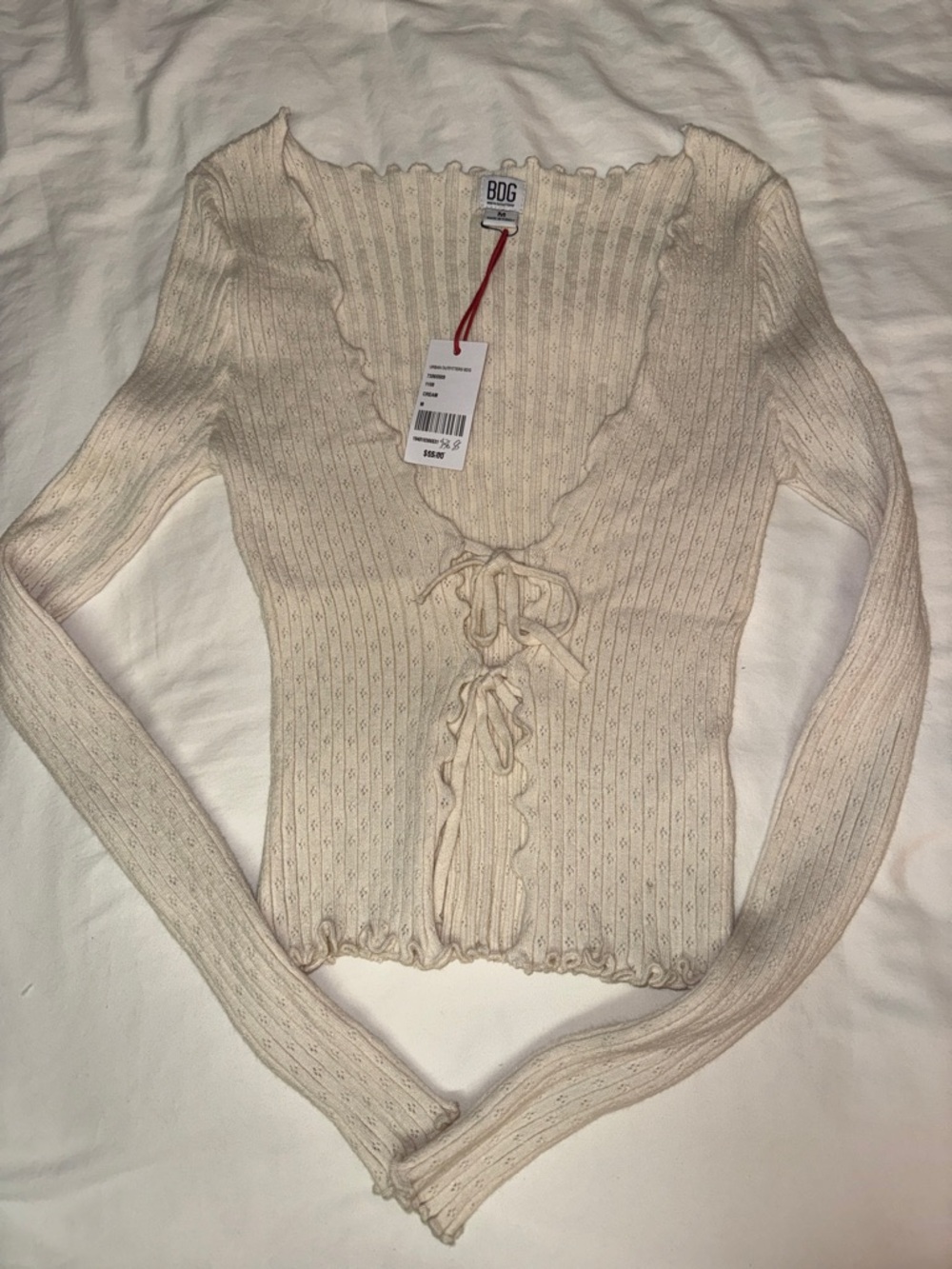 BDG Cream Tie-Front Ribbed Cardigan Sweater